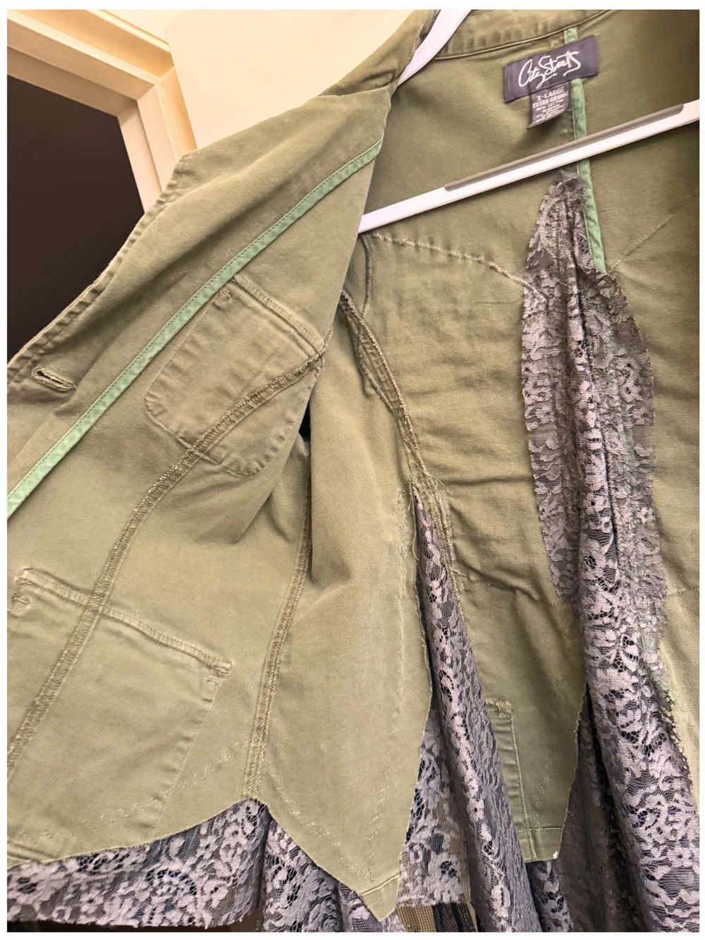 Hand Crafted Olive Green Patchwork Military Jacket with Lace Panels - Picture 6 of 10